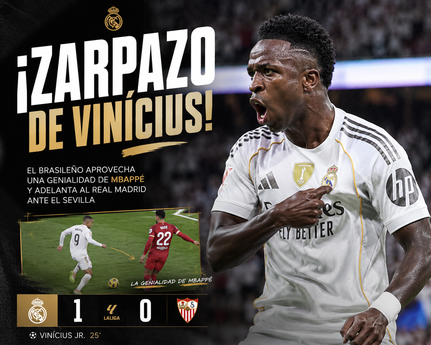 ¡Zarpazo de Vinícius! El brasileño aprovecha una genialidad de Mbappé y adelanta al Real Madrid ante el Sevilla